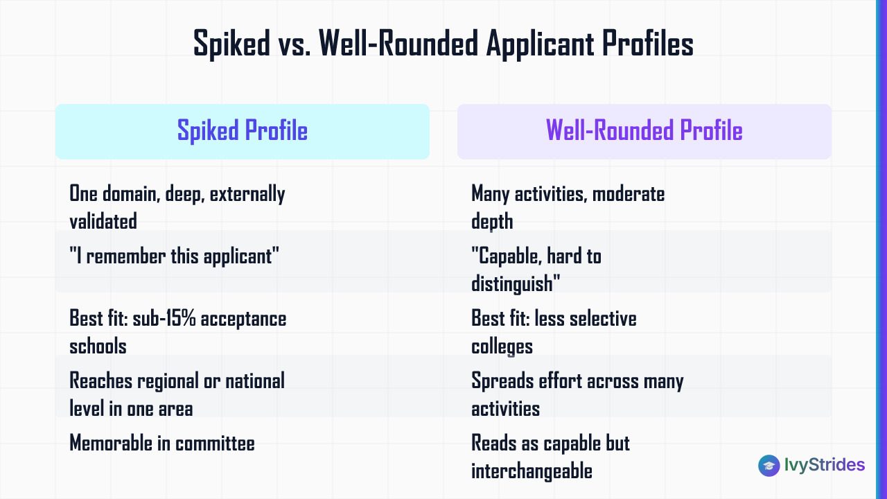 Comparison table contrasting spiked vs well-rounded college applicant profiles across activity pattern, admissions takeaway, 