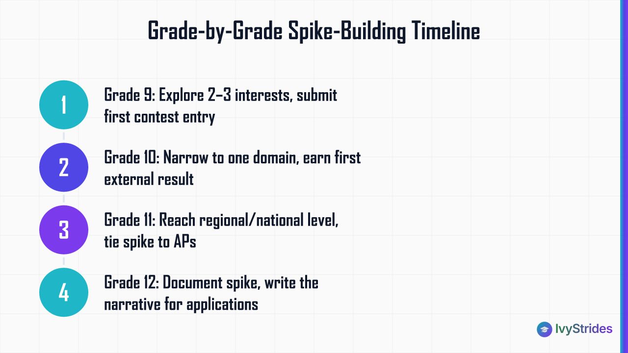 4-step grade-by-grade timeline for building a college admissions spike from 9th through 12th grade