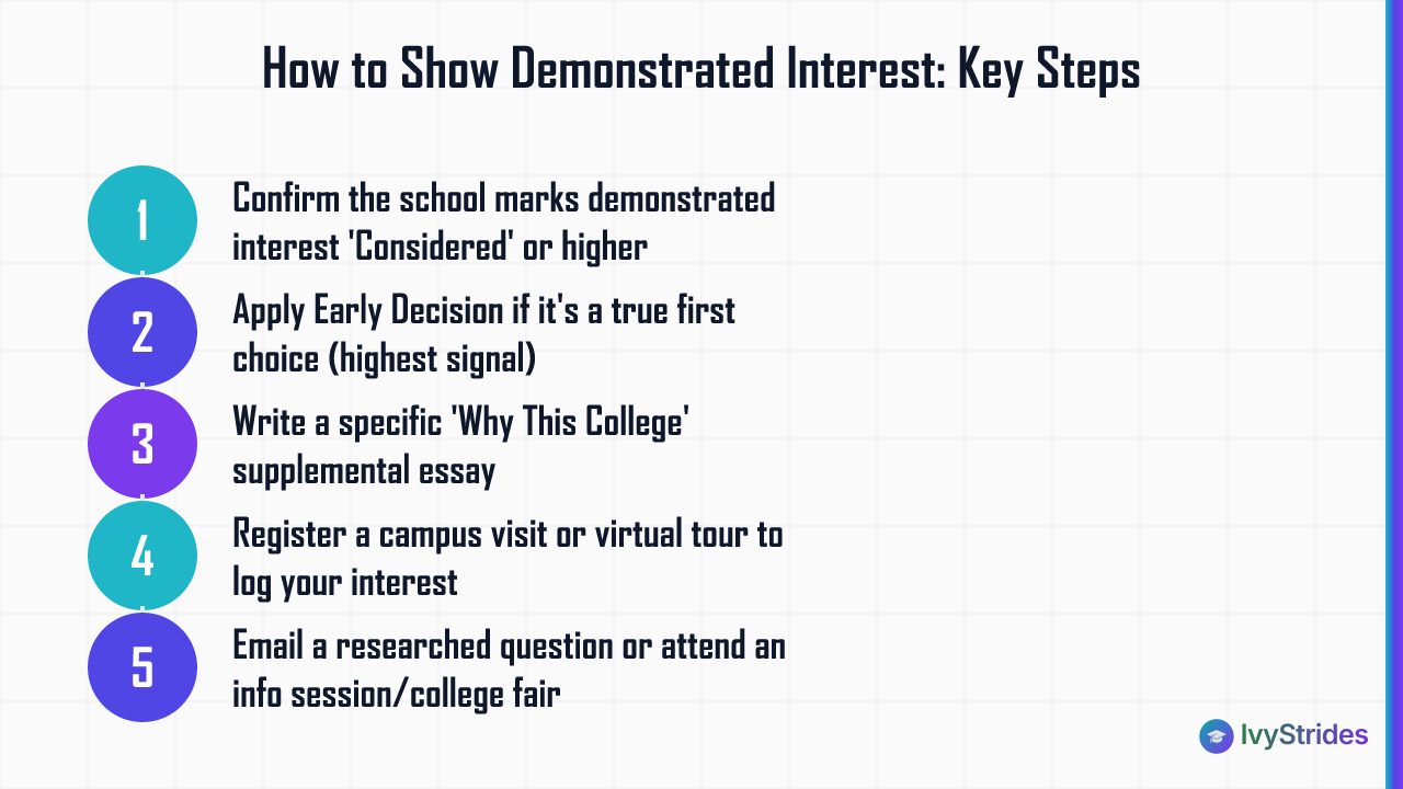 5-step checklist showing how to demonstrate college interest, from verifying CDS to submitting targeted supplemental essays