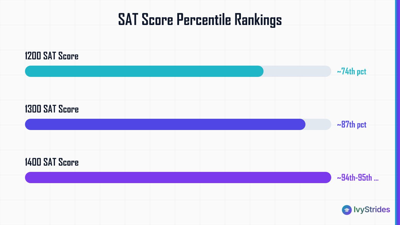 Horizontal bar chart showing national percentile rankings for SAT scores of 1200, 1300, and 1400 based on College Board data