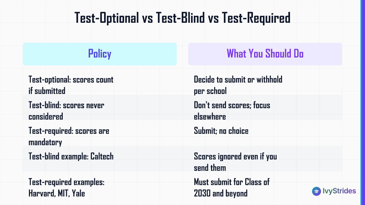 Comparison table of test-optional, test-blind, and test-required college admissions policies and what students should do for 