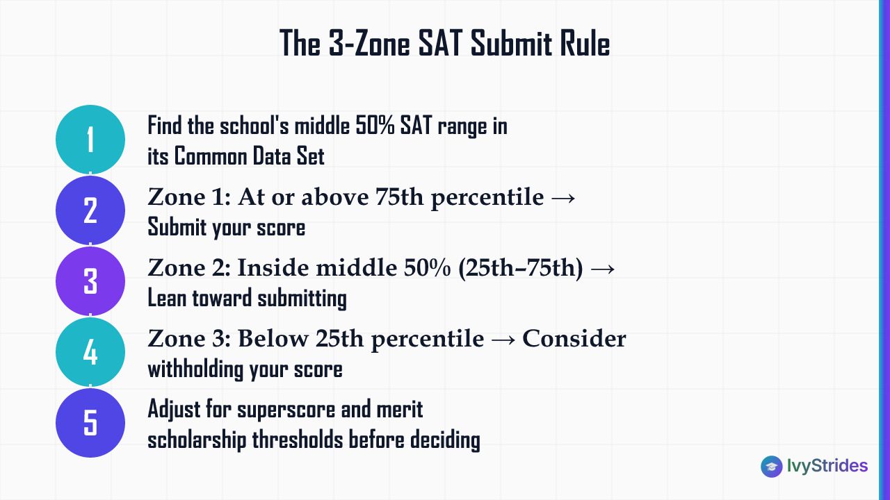 3-zone SAT submit decision process: find middle 50% range, then apply zone rules for above, inside, or below the range