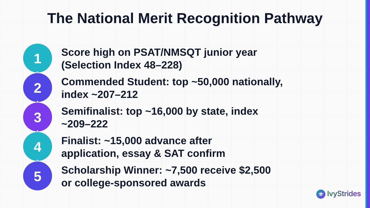 Numbered steps diagram showing the 5-tier National Merit pathway from PSAT score to scholarship winner