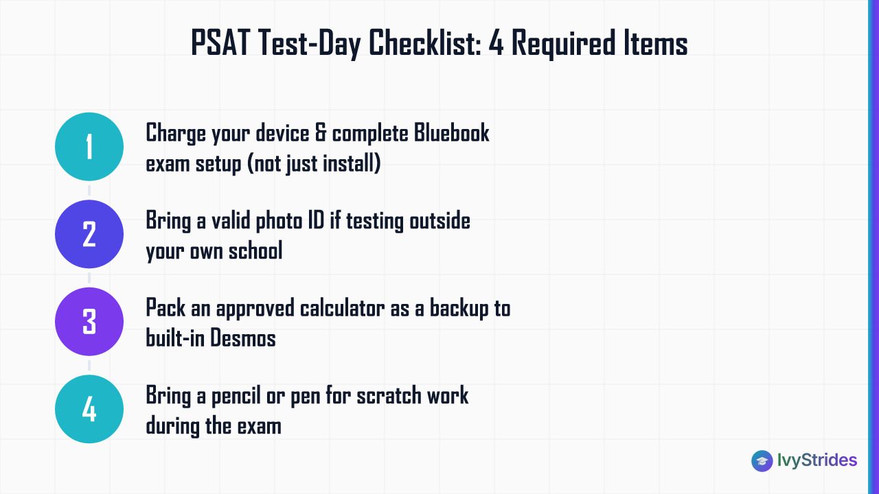 Numbered checklist of 4 required PSAT test-day items including Bluebook setup, photo ID, calculator, and pencil