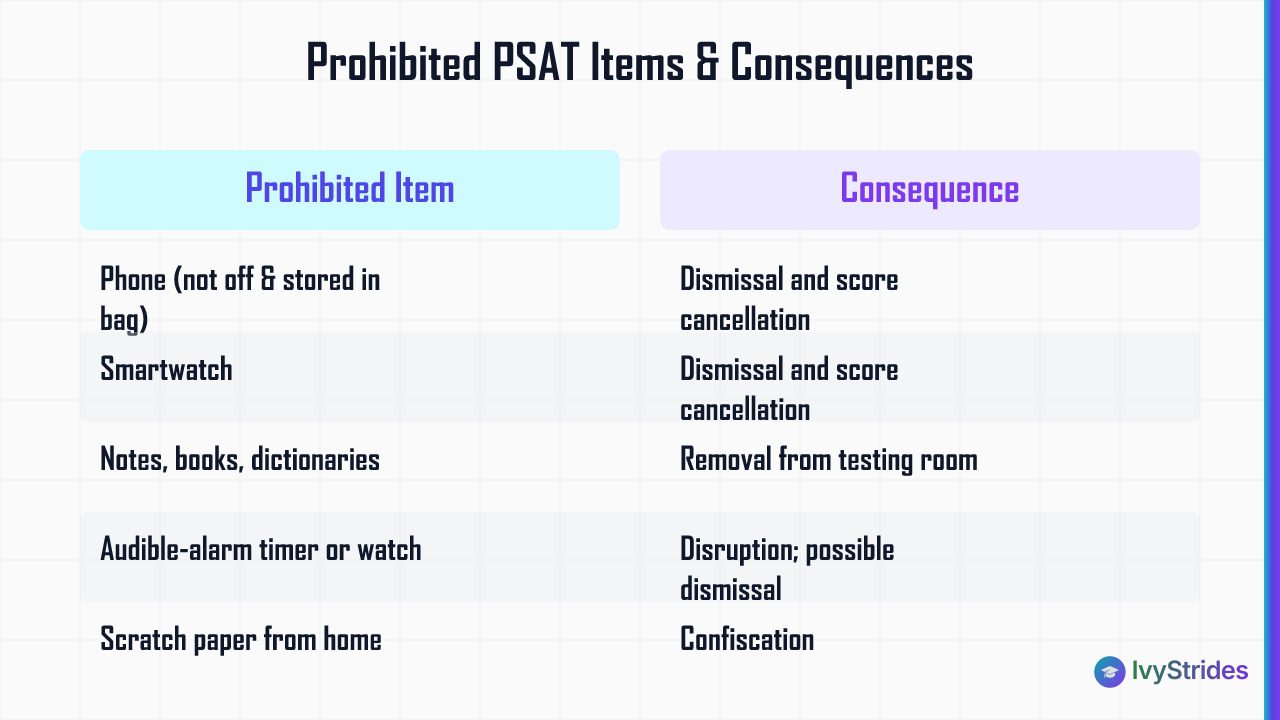 Comparison table of prohibited PSAT items and their consequences, including phones, smartwatches, and notes