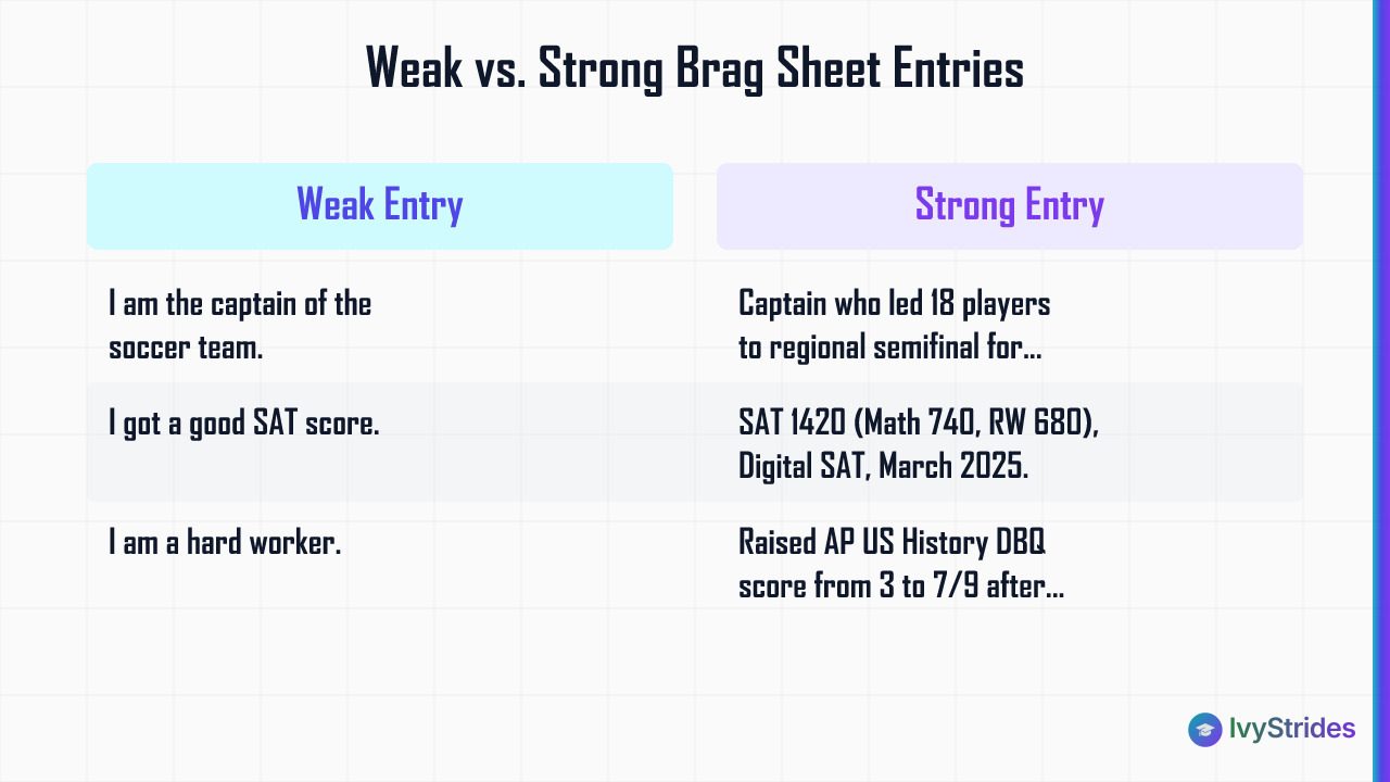 Comparison table showing weak vs. strong brag sheet entries across extracurricular, academic, and personal quality sections