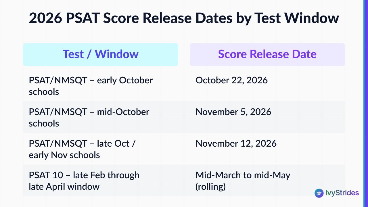 Comparison table of 2026 PSAT score release dates by test type and testing window, from early October through spring.