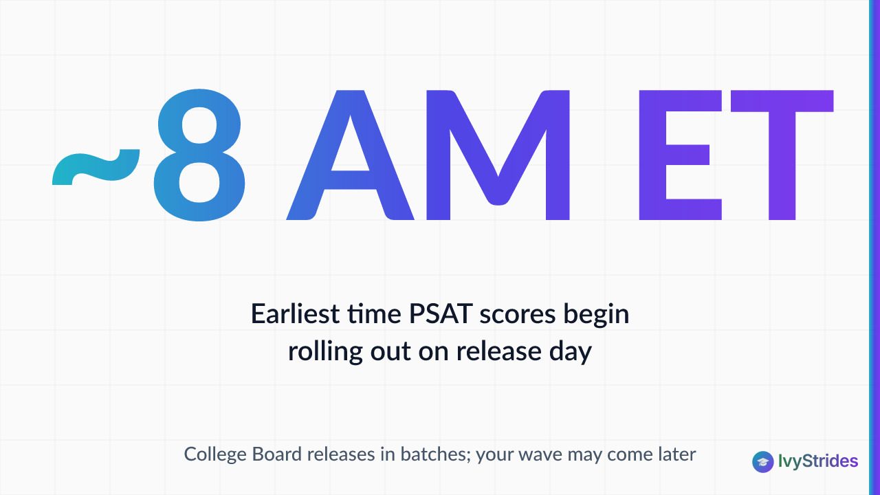 Stat callout showing PSAT scores begin dropping around 8 AM Eastern Time in rolling batches throughout the day