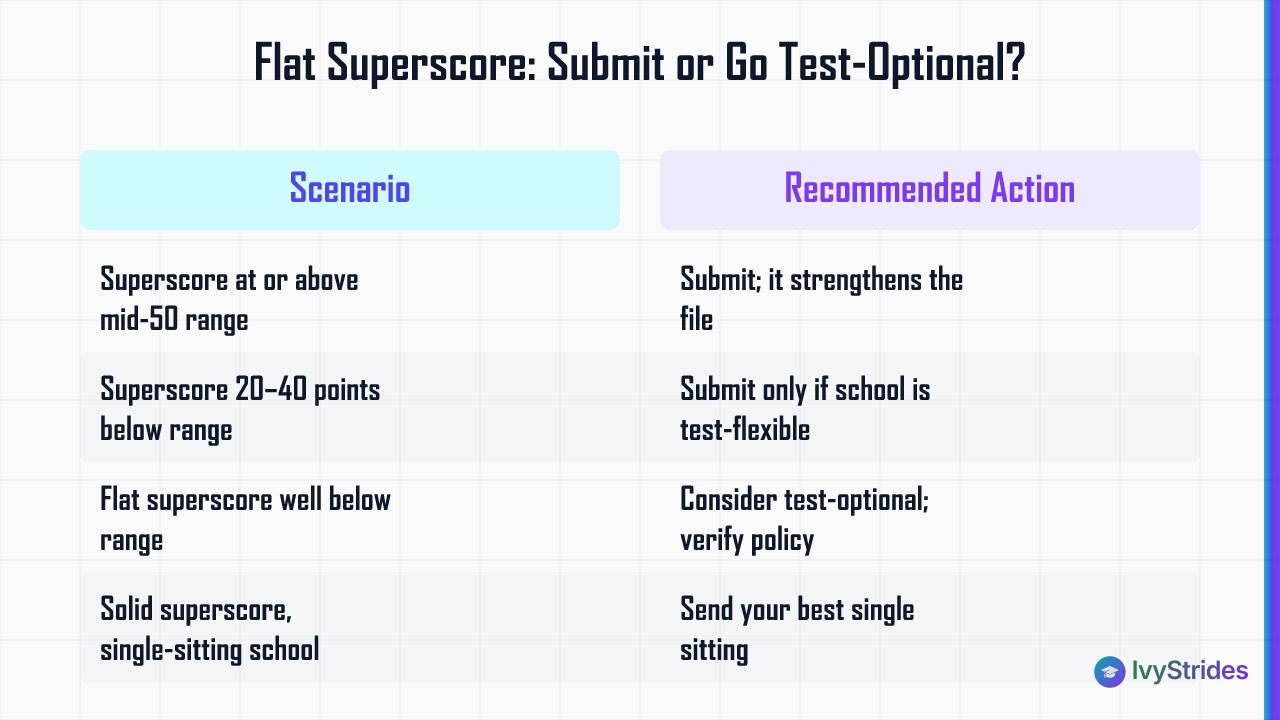 Comparison table showing four flat superscore scenarios versus recommended submit or test-optional actions for college applic