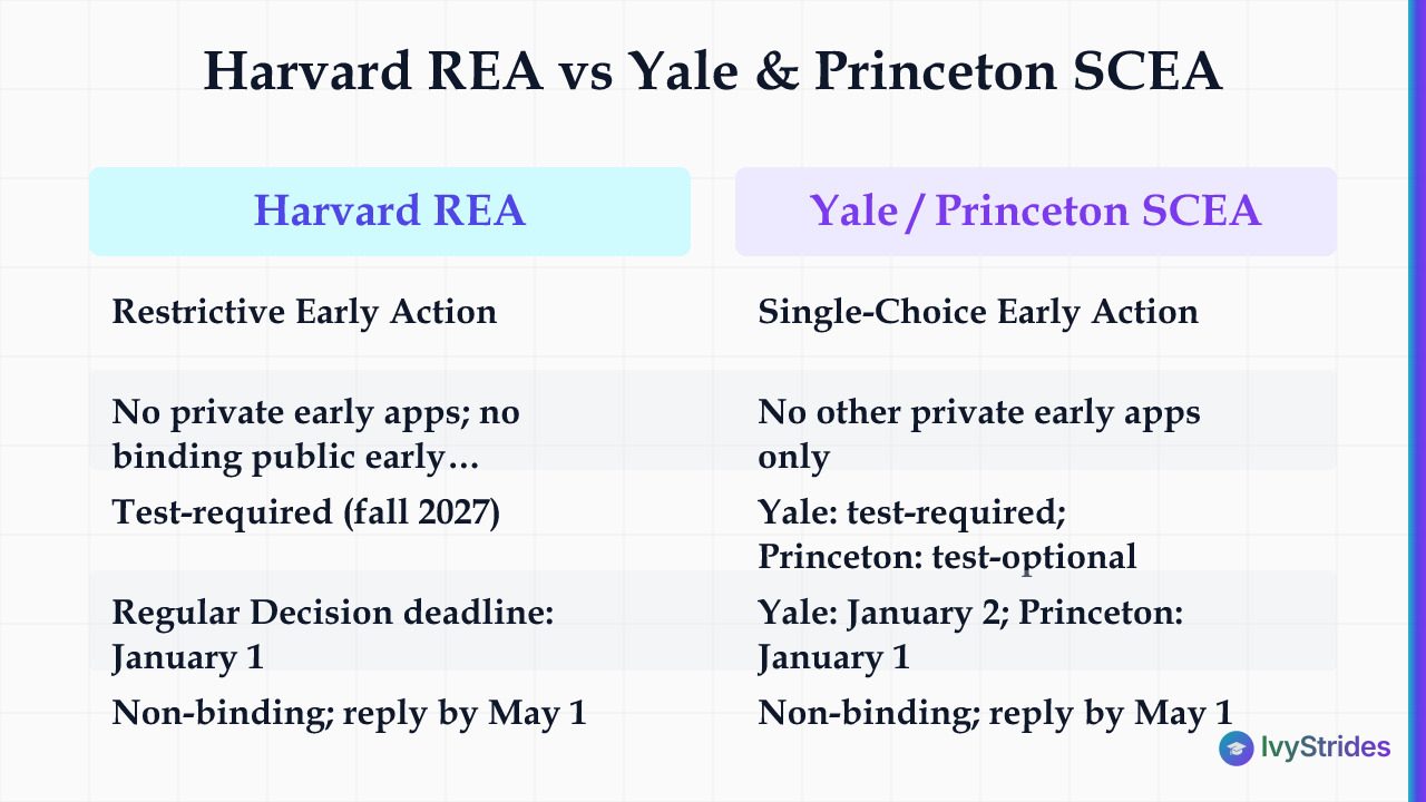 Comparison table of Harvard REA vs Yale and Princeton SCEA covering binding status, restriction rules, test policy, and deadl