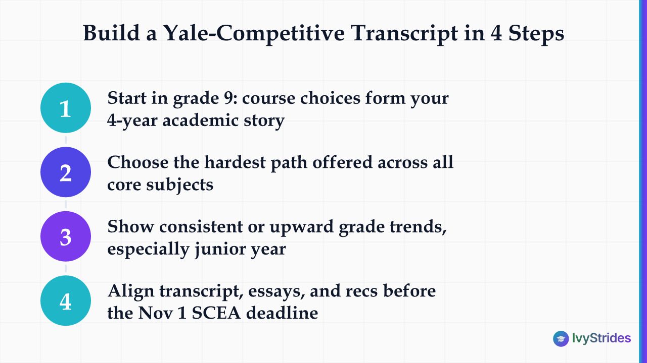 4 numbered steps to build a Yale-competitive transcript from grade 9 through the November 1 SCEA deadline