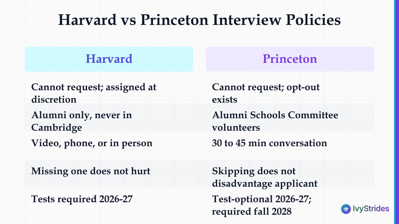 Comparison table of Harvard vs Princeton interview policies covering request options, interviewers, format, and test requirem