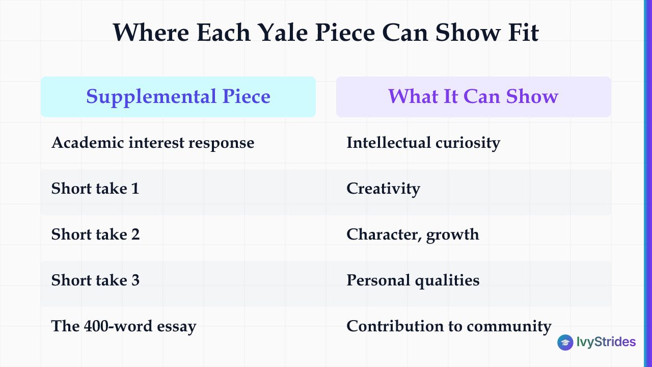 Comparison table showing where each Yale supplemental piece can show the values Yale describes